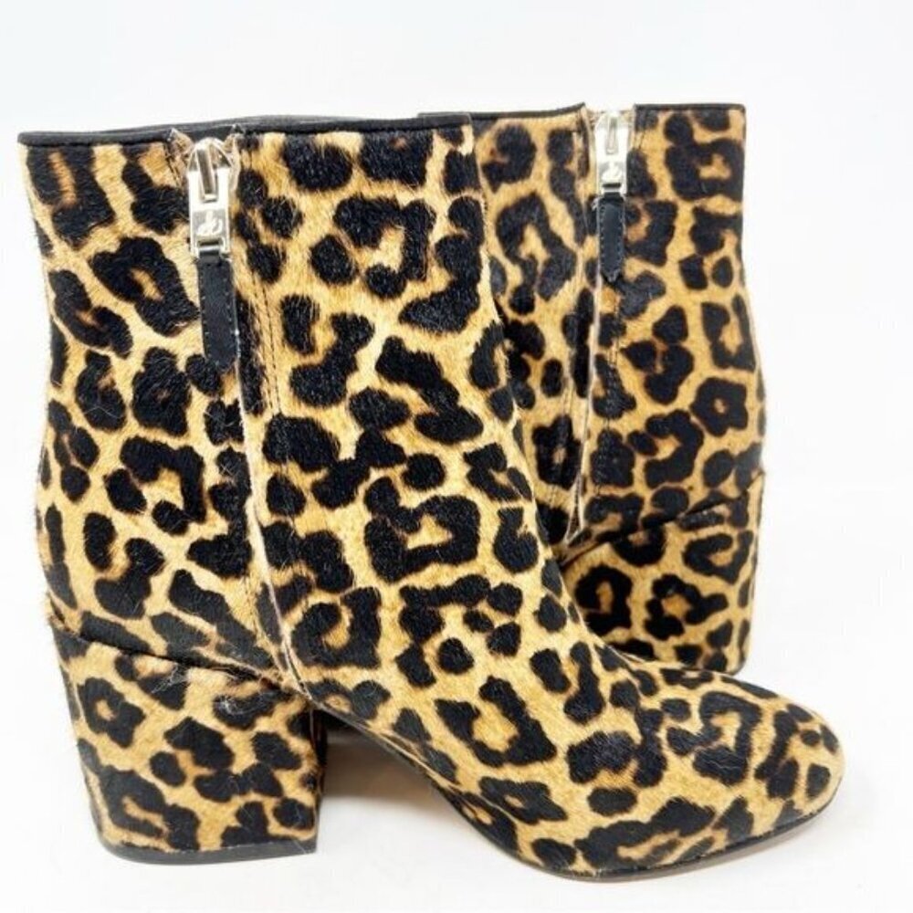 SAM EDELMAN BROWN BLACK FAUX FUR LEOPARD SIDE ZIP BOOTIES SZ 7 - Picture 7 of 12